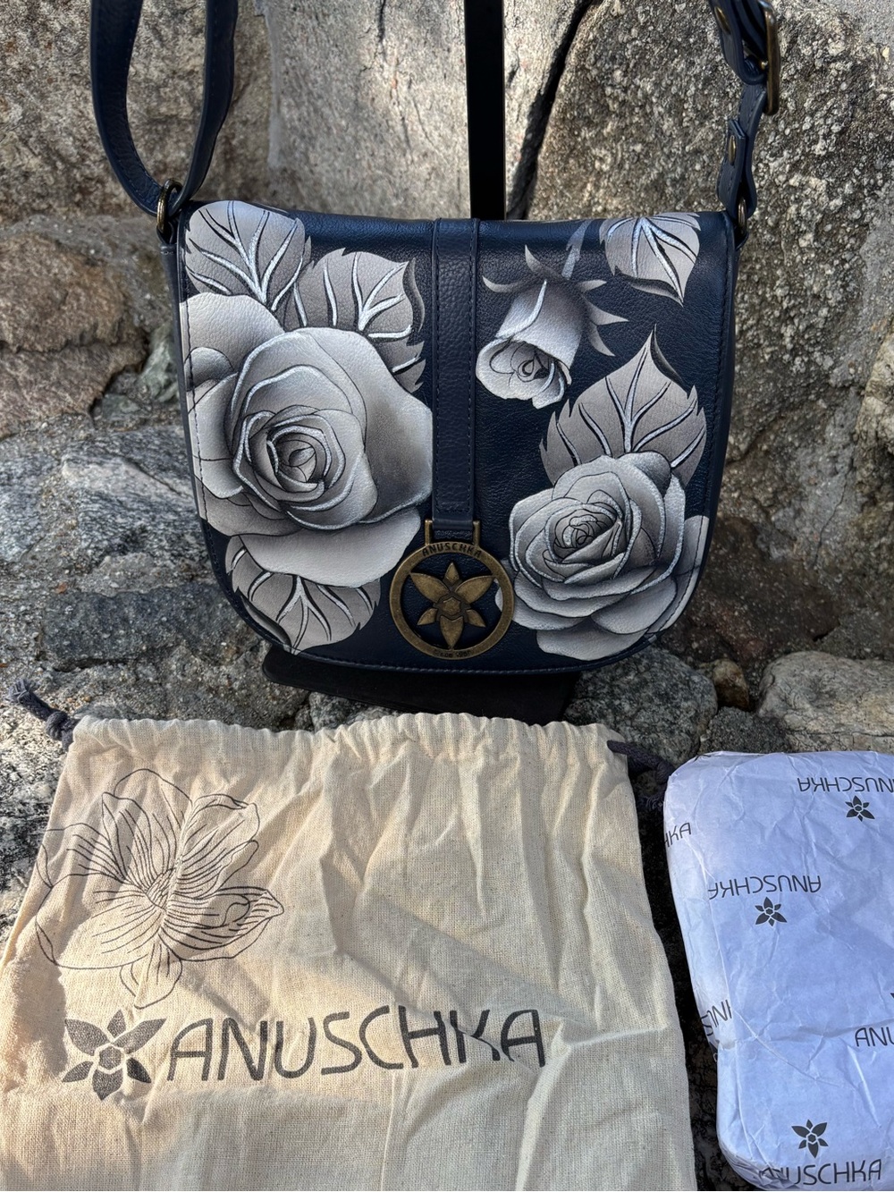 Anuschka navy blue Leather Crossbody with Hand-Painted White Roses